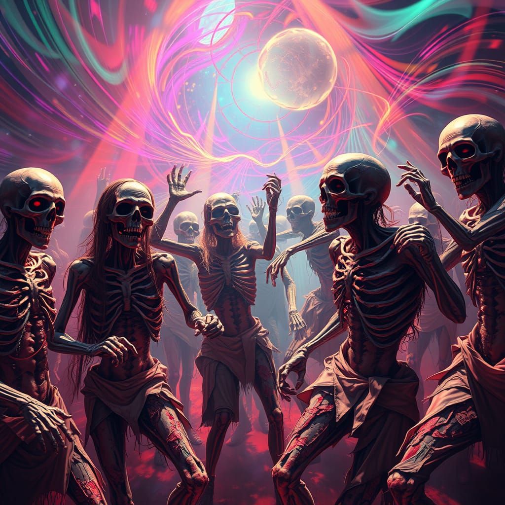 Grotesque yet Mesmerizing Zombie Disco Crew in a Swirling Vo...