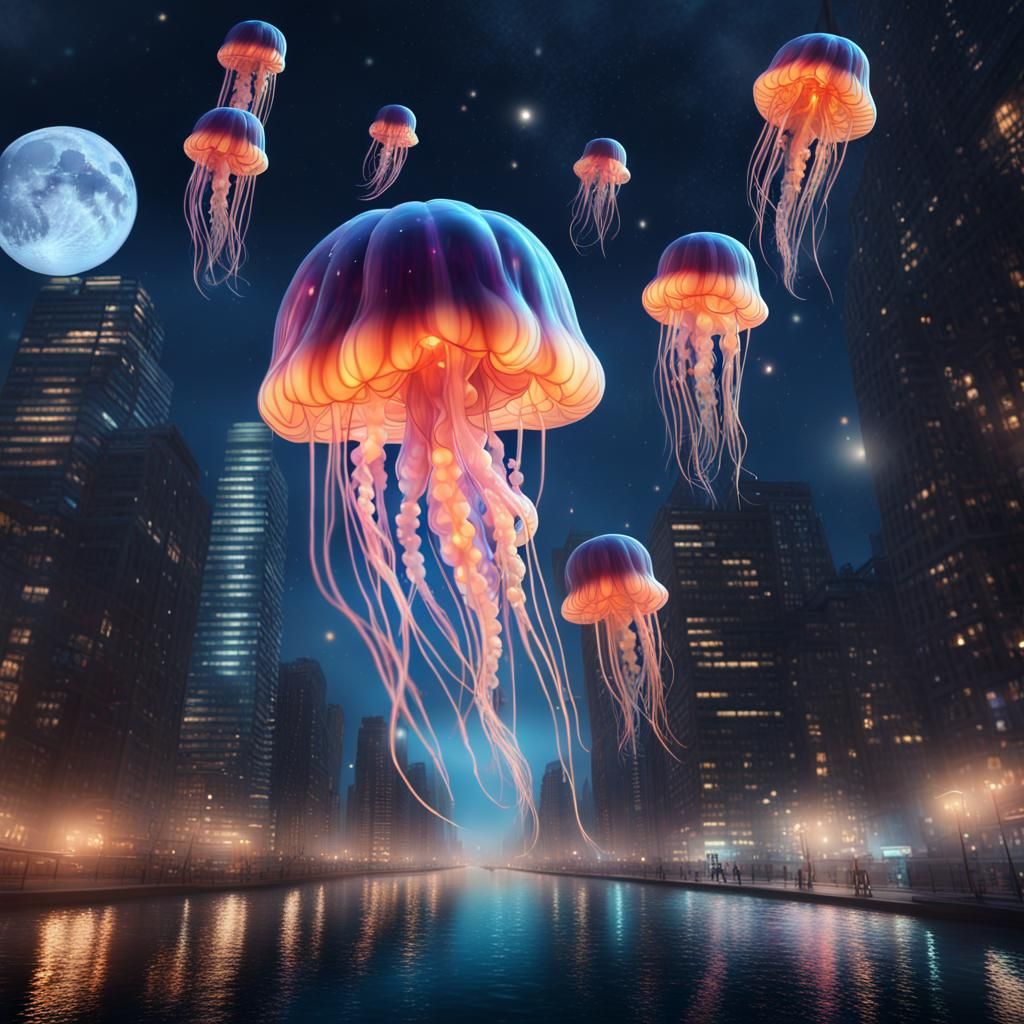 Psychedelic Jellyfish Over City in Graffiti Art