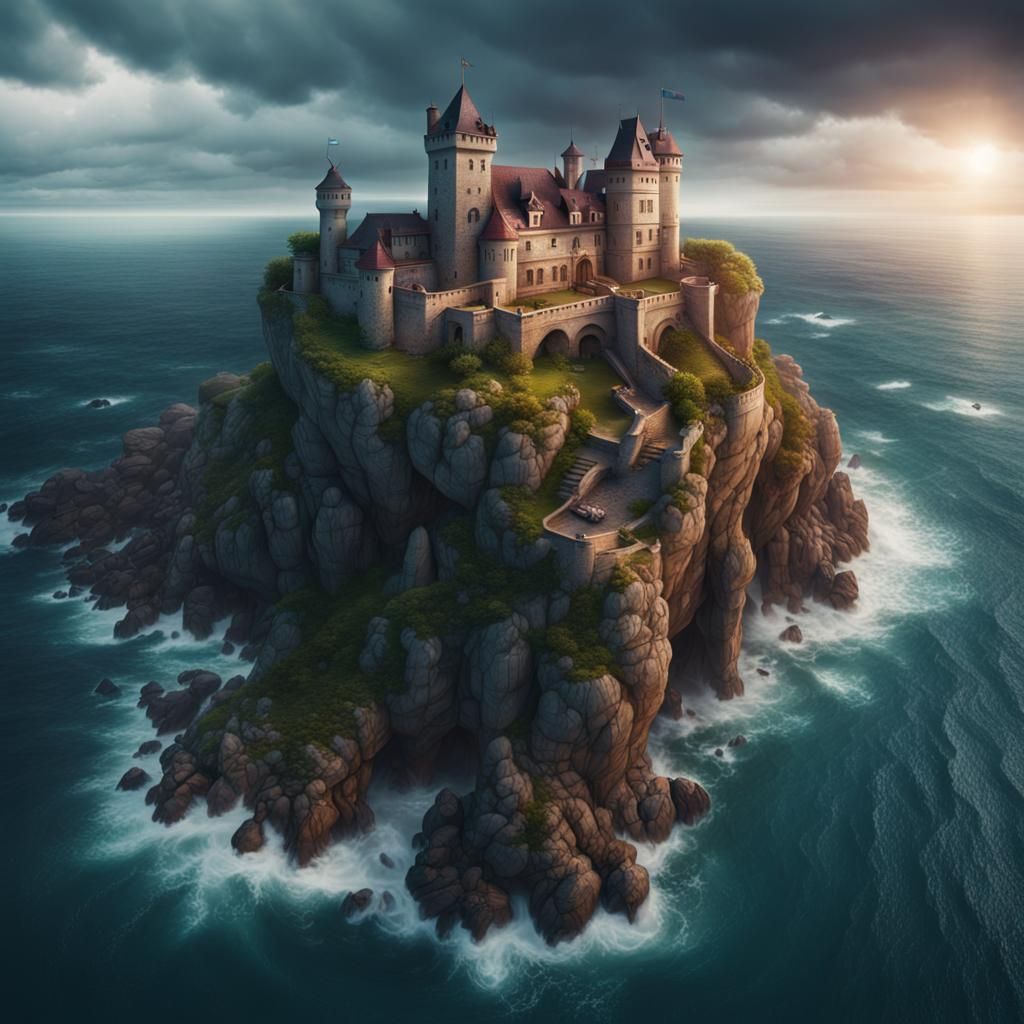 Enchanted Castle on Cliff in Stormy Weather