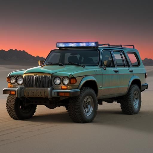 1986 XJ6 car automobile rusty tan patina color 4 door jaguar car off-road tires prerunner hooped bumper roof rack LED li...