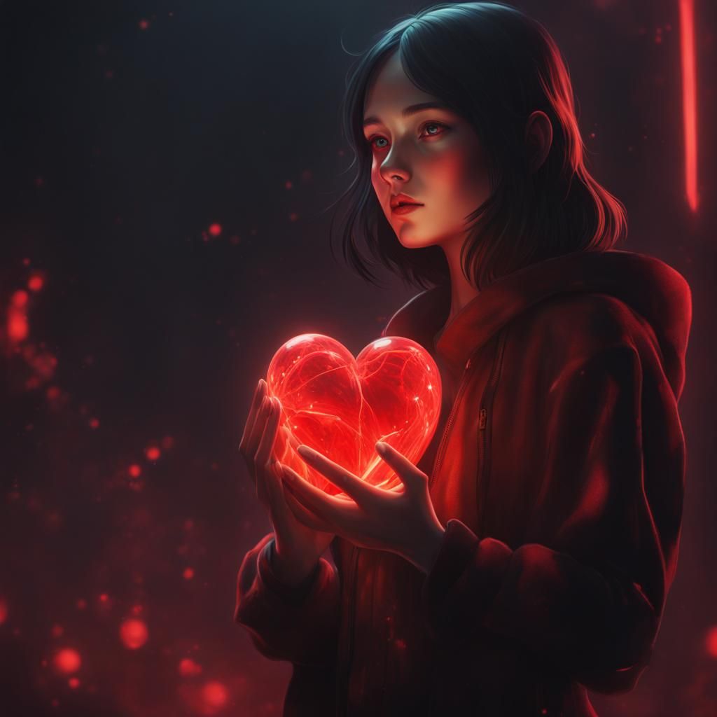 Girl Holding Glowing Heart in Dark Environment