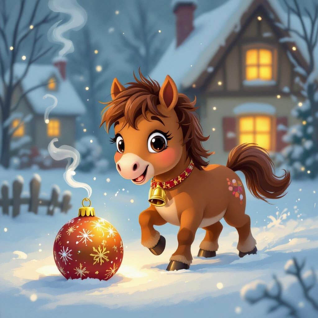 Cute Cartoon Horse Plays With New Year's Bauble In Snow