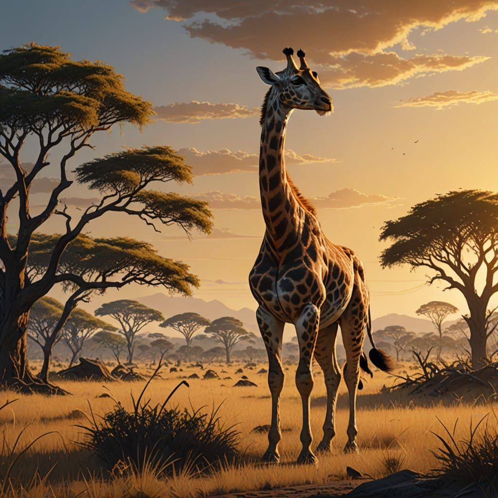 Regal Lion-Giraffe Hybrid in Majestic Savanna Landscape
