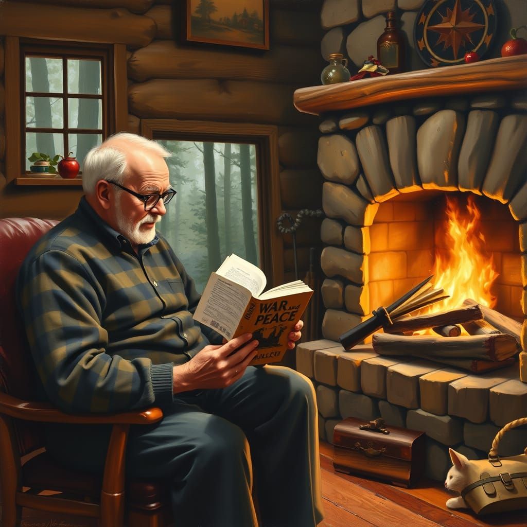 Grandfather and grandmother reading a book titled "War and Peace" by a roaring fireplace in a cabin in the woods.oil pai...