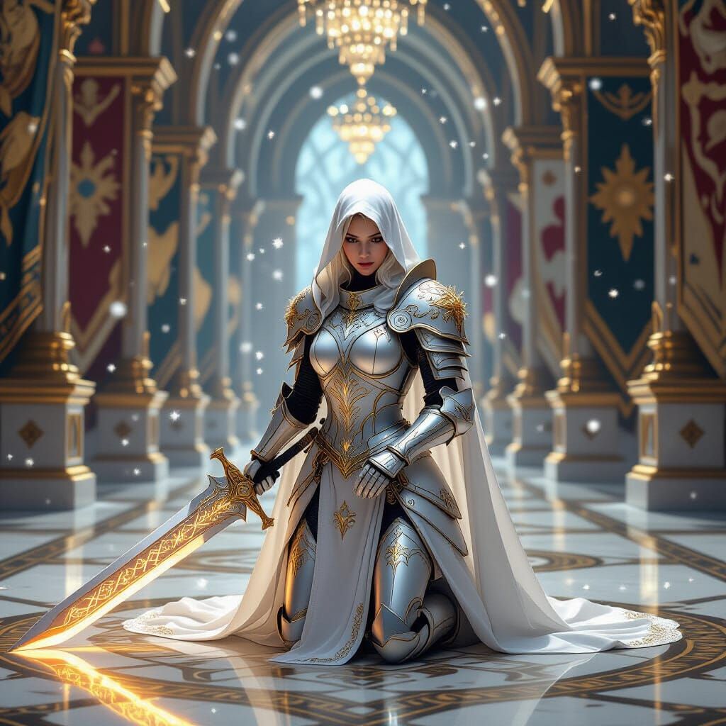 Seraphic Knight in Ornate Hall, Anime-Inspired Cel-Shading