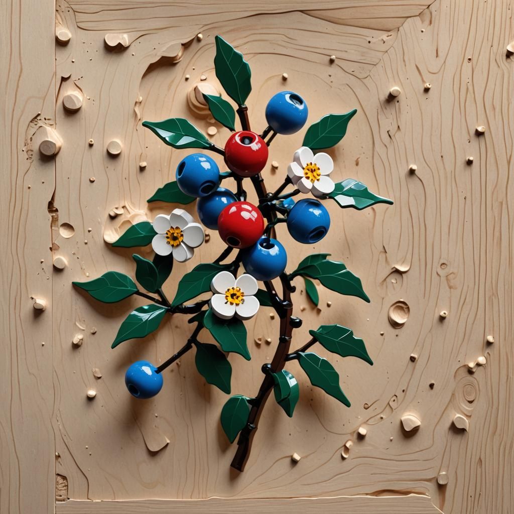 Hyperrealistic Still Life with Lego, Cherries and Woodcut Fl...