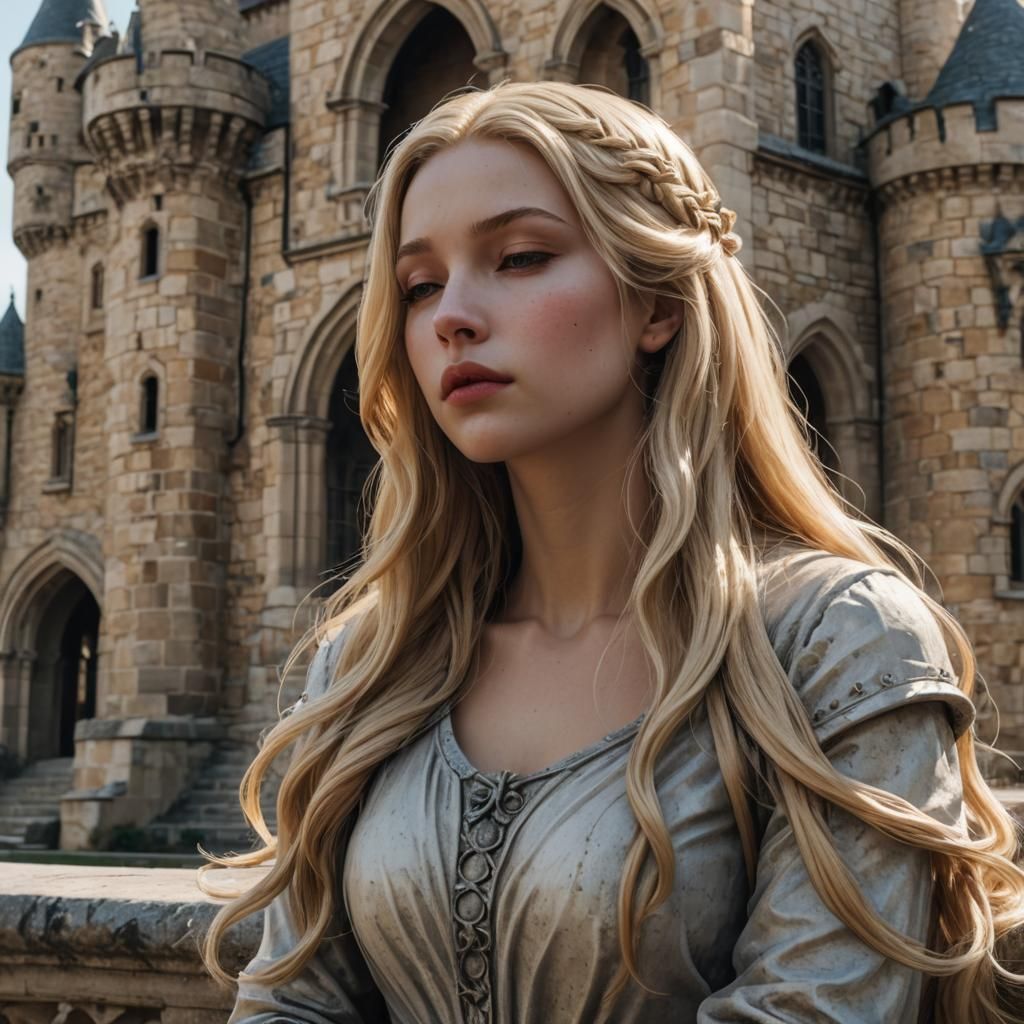 Blonde Woman with Castle and Statue