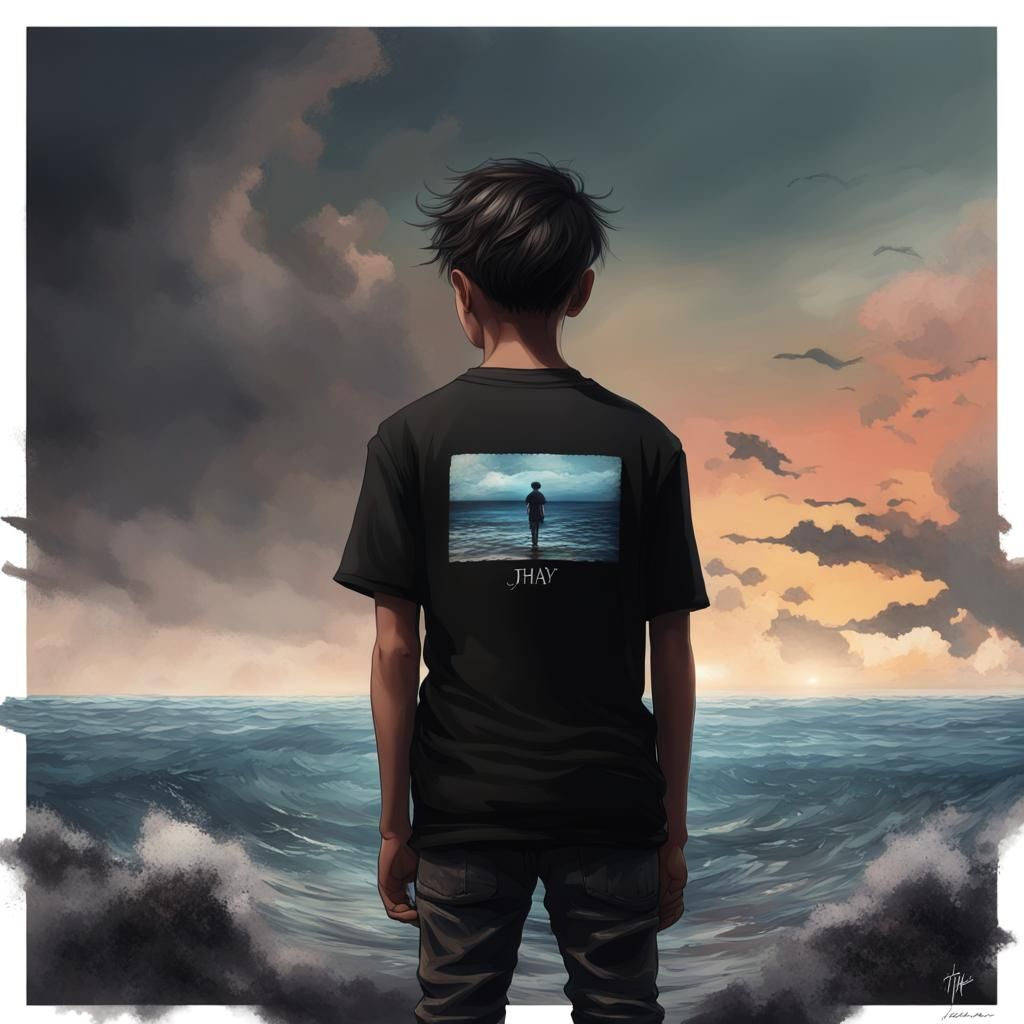 Heartbroken Boy Gazing at Sea: Hyperrealistic Splash Art
