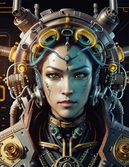 Steampunk Cyborg in Engine Room: Retro-Futuristic Concept Ar...