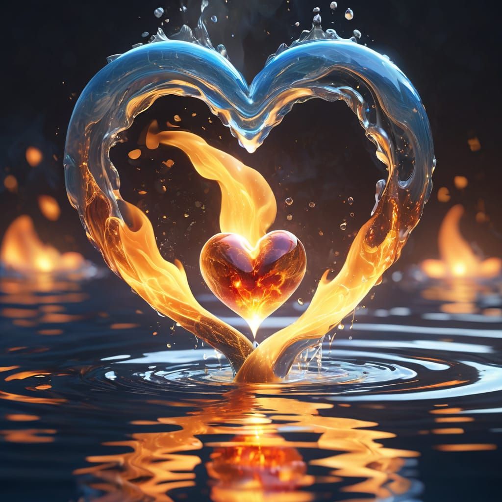Glowing Heart in Balance Between Fire and Water