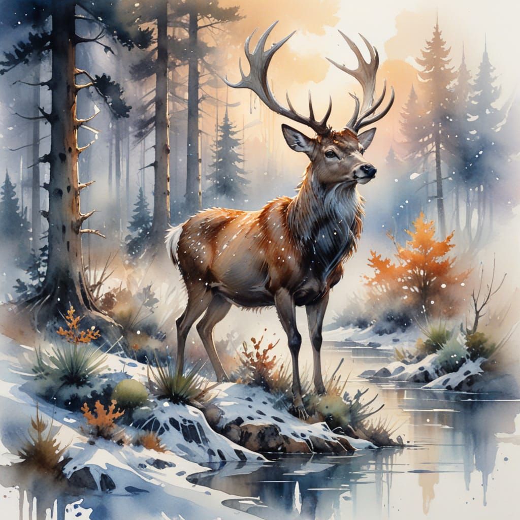 Moonlit Stag in Winter Glade: Watercolor Art