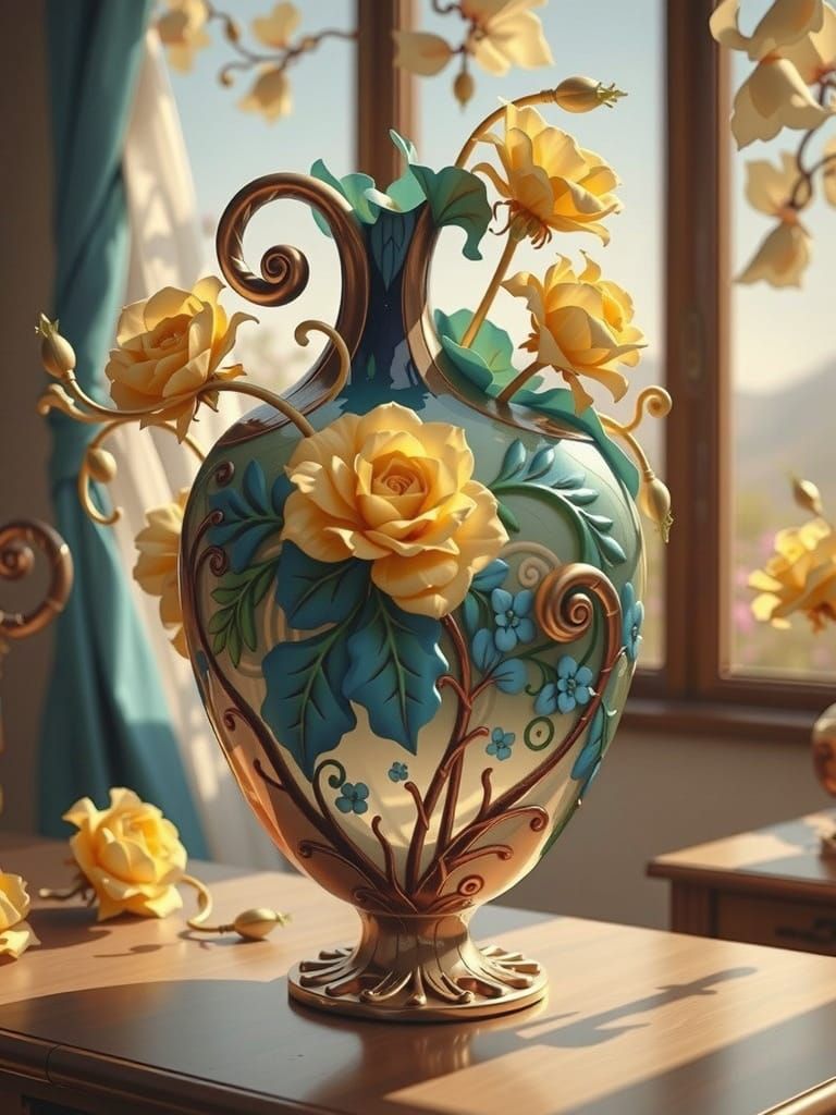 Porcelain Vase with Flowers in Pop Surrealist Style