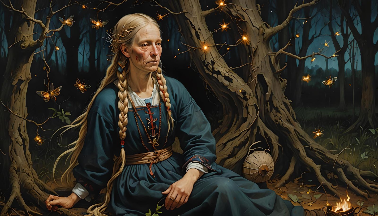 Woman with Fireflies in Hieronymus Bosch Style