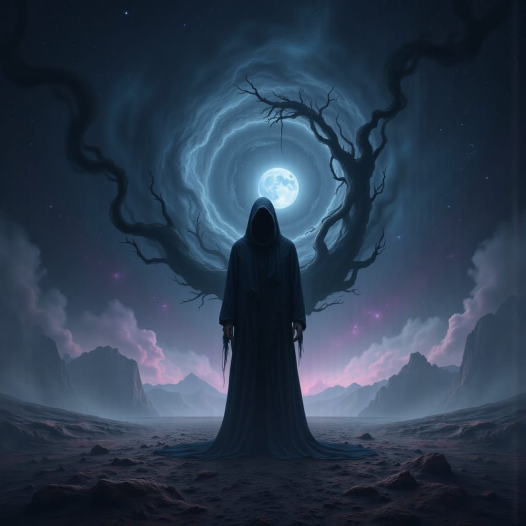 Cloaked Figure in Shadowy, Surreal Landscape