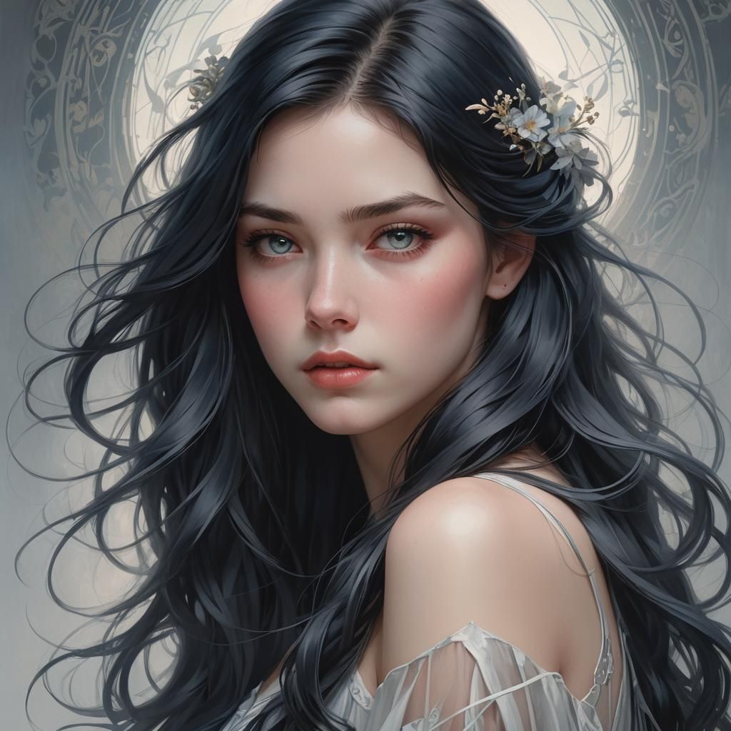 Ethereal Portrait of a Young Woman in Art Nouveau Style