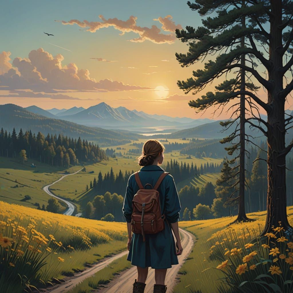 Elegant Woman Contemplates the Rural Landscape in a Romantic...