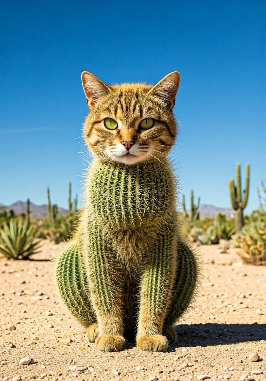 Photorealistic Cactus Cat in Desert Landscape