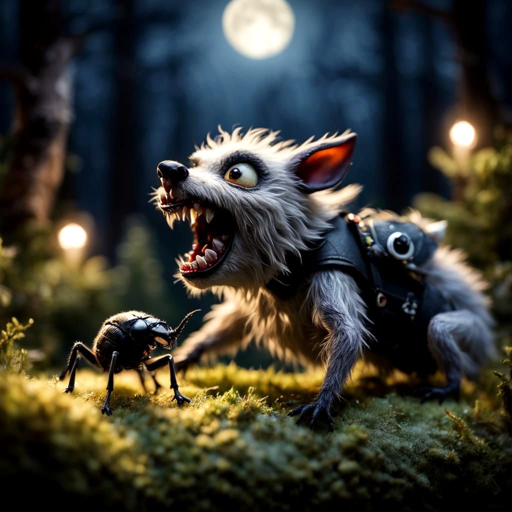 Cute Werewolf Showcases Fierce Teeth in Moonlit Forest