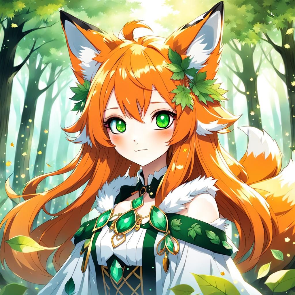 Fox Anime Girl Portrait in Magical Forest