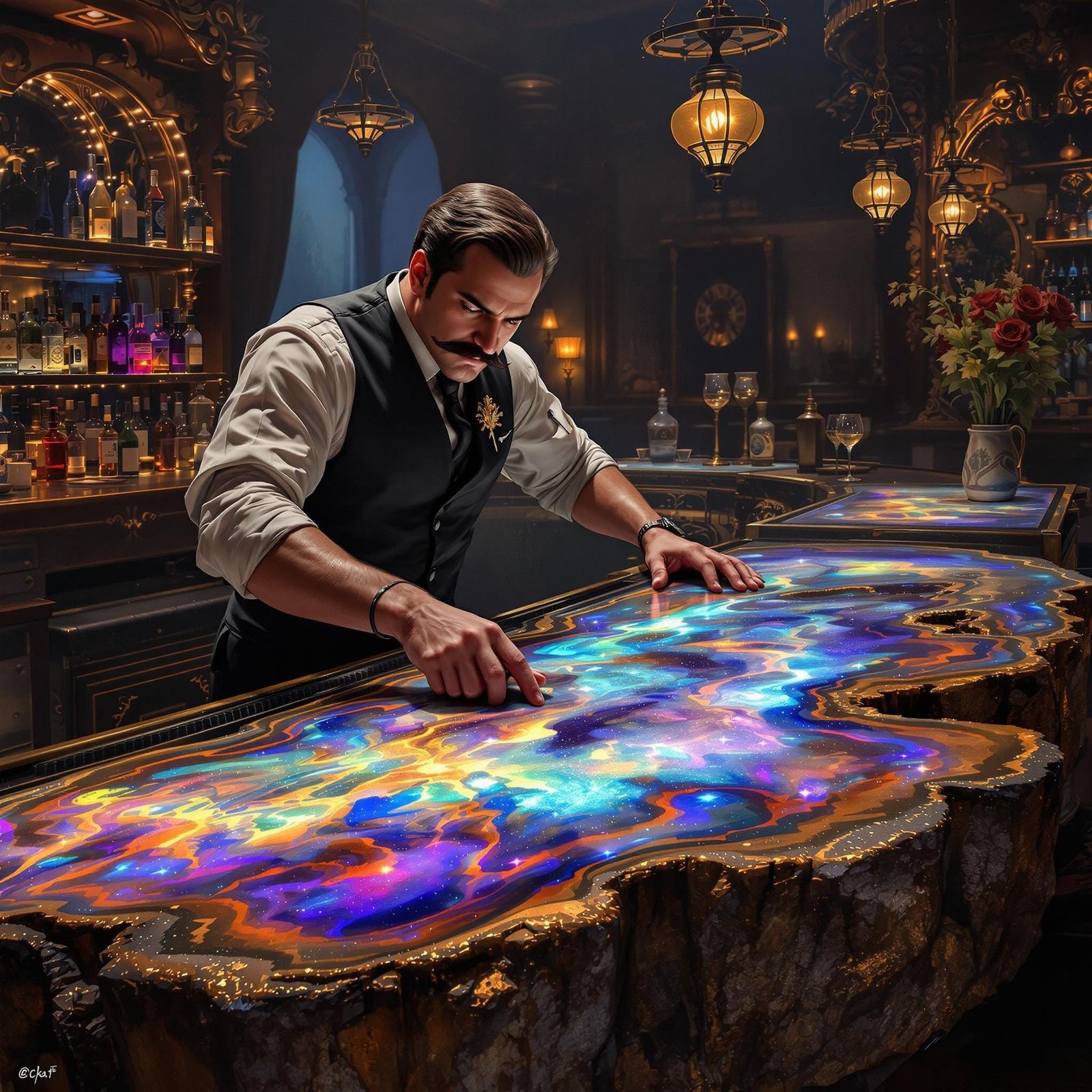 19th Century Bartender Polishes Antique Bar in a Kaleidoscop...