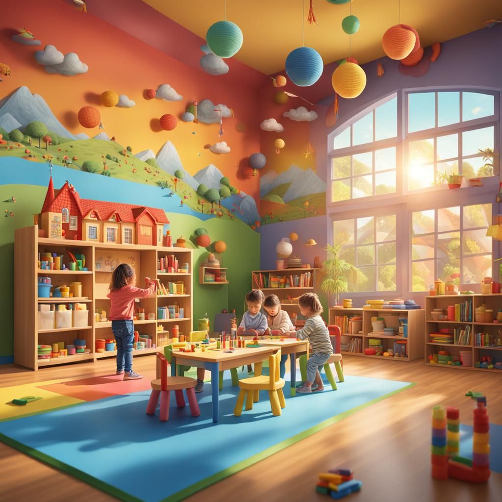 Hyperrealistic Kindergarten Scene with Playing Children