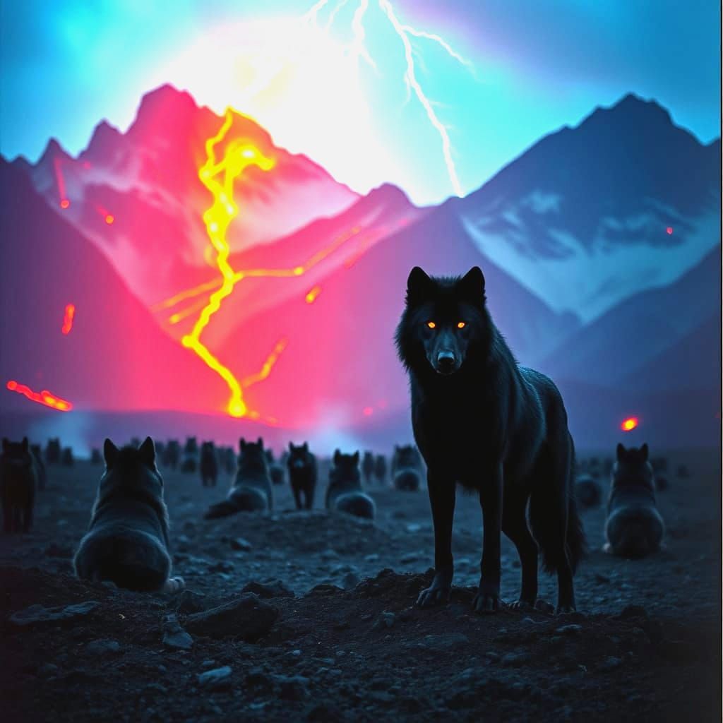 Dire Wolf in Volcanic Landscape: Cinematic Film Still