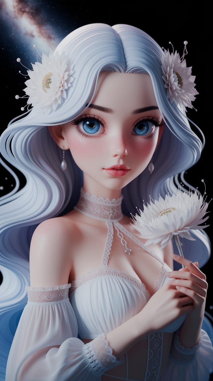 Ethereal Anime Woman with Glowing Flower in 3D Manga Style