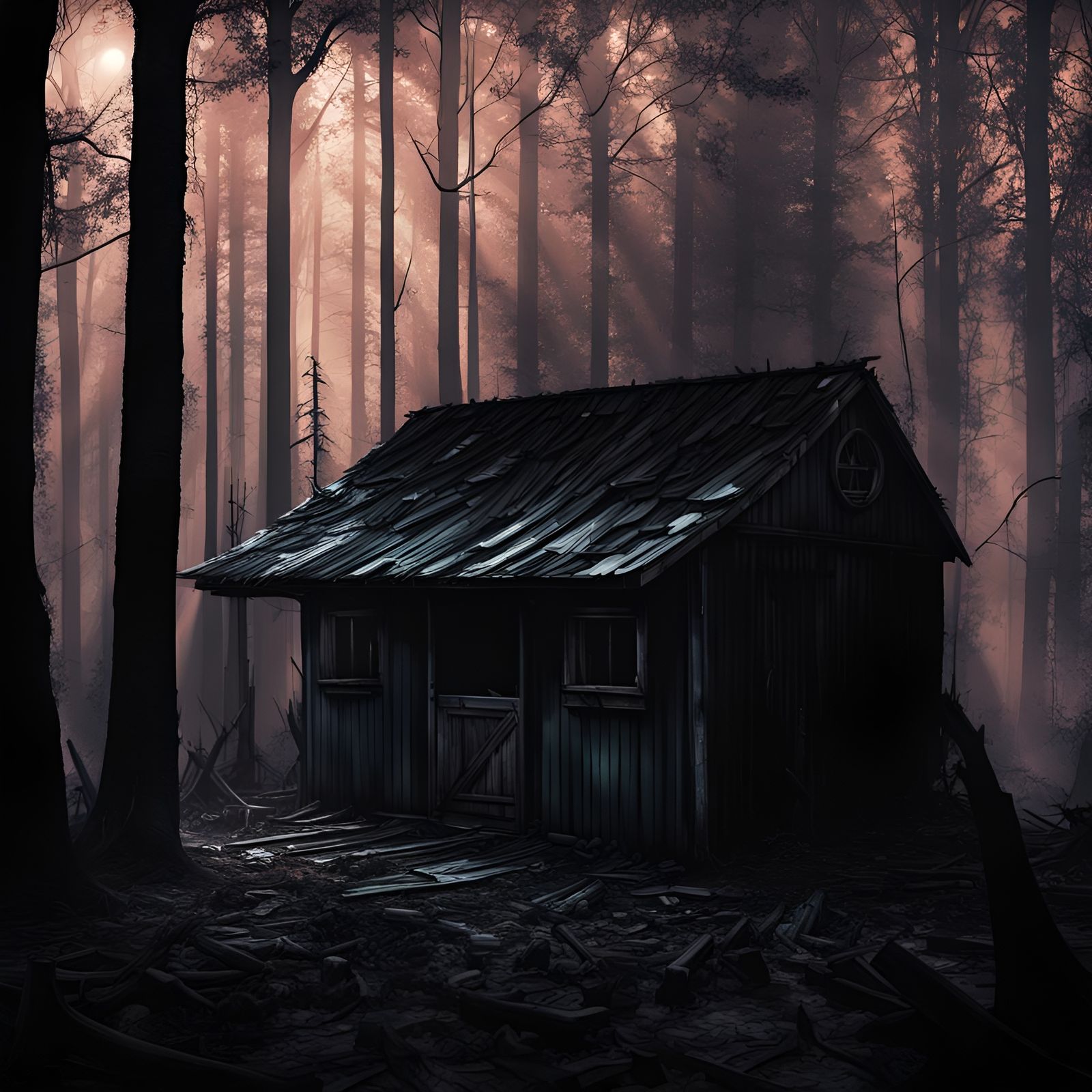 Eerie Forest Shed in Hyperrealistic Splash Art