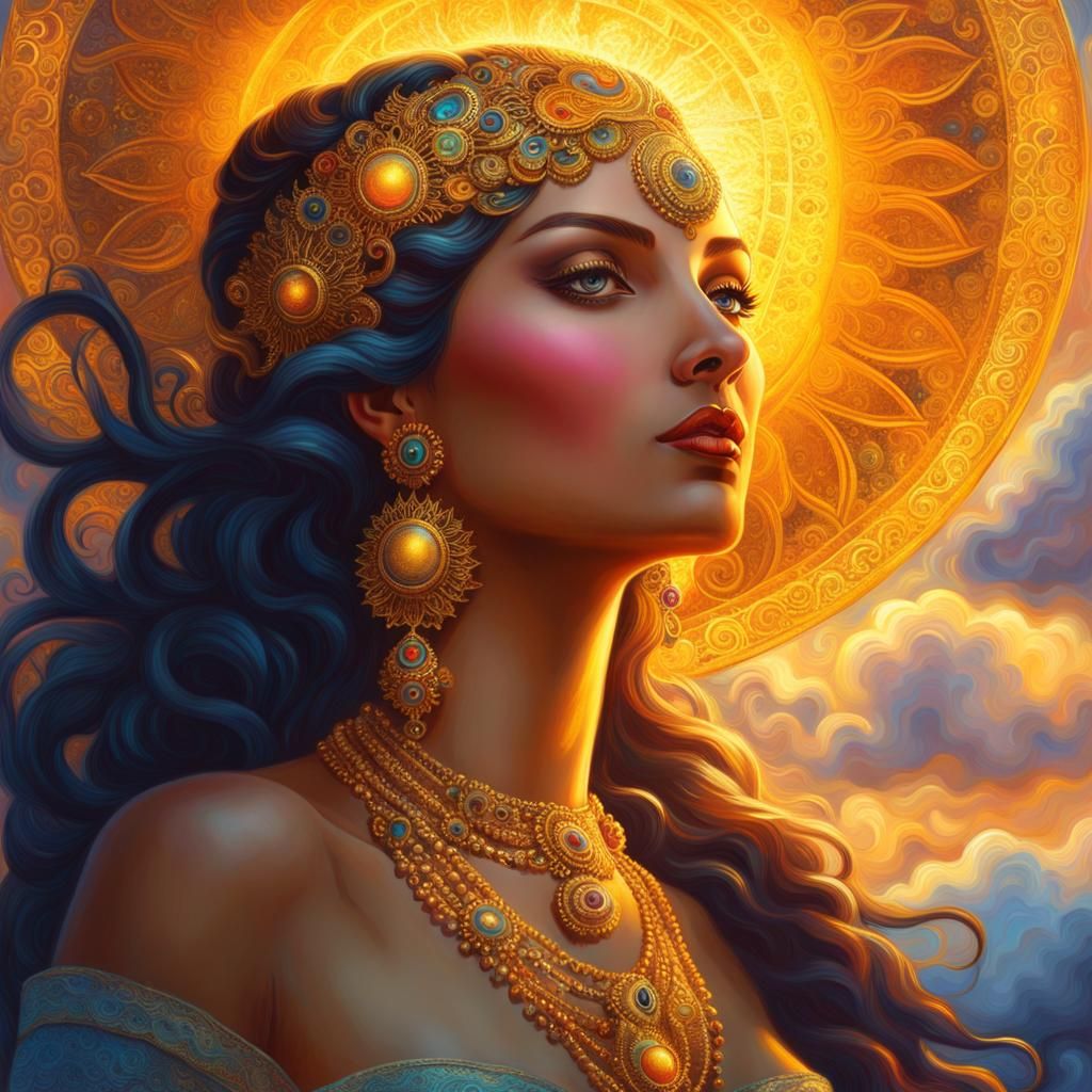 Radiant Hindu Sun Goddess in Deep Jewel Tones