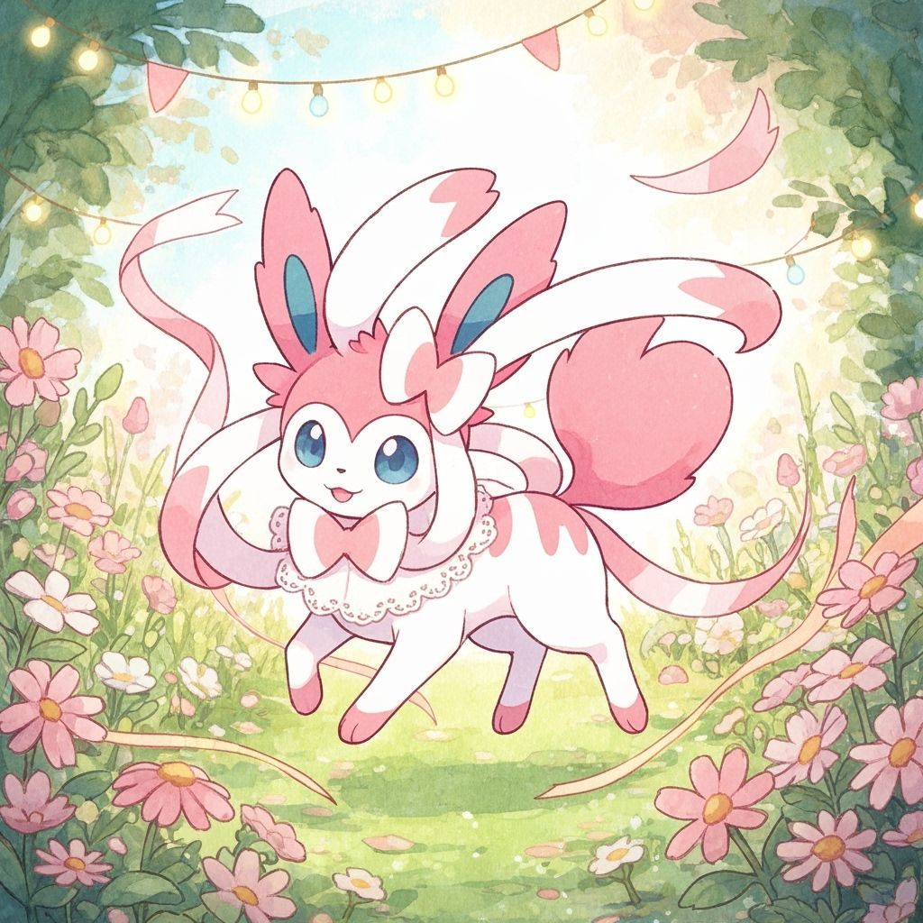 Sylveon in Fairy Garden with Ribbons and Bow