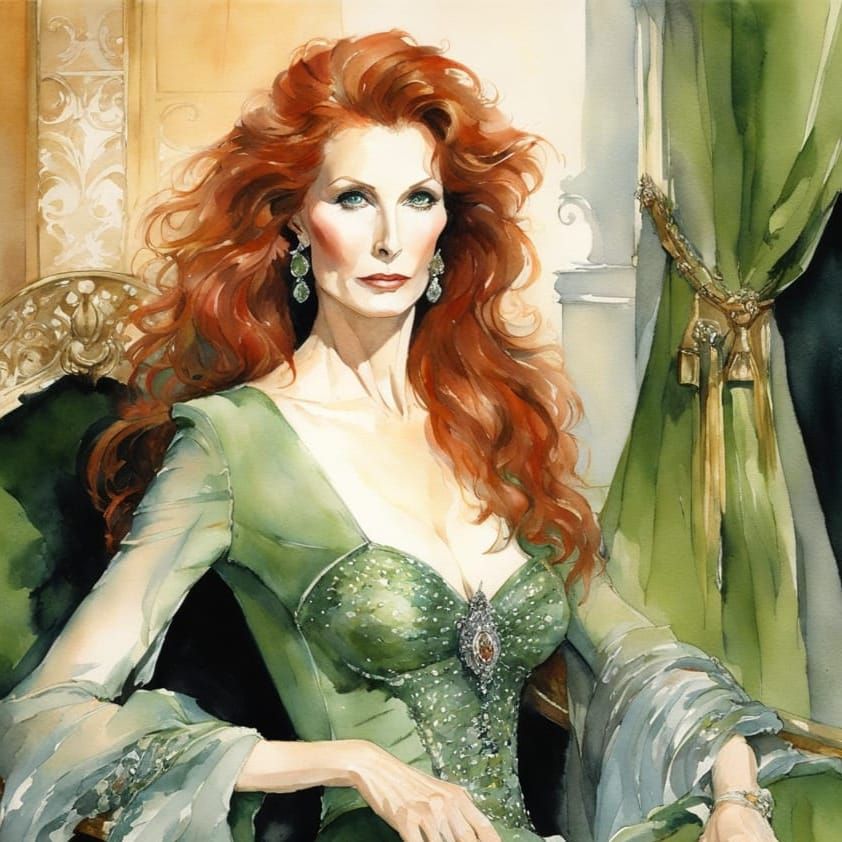 Elegant Woman in Green Gown: Impressionistic Watercolor Port...