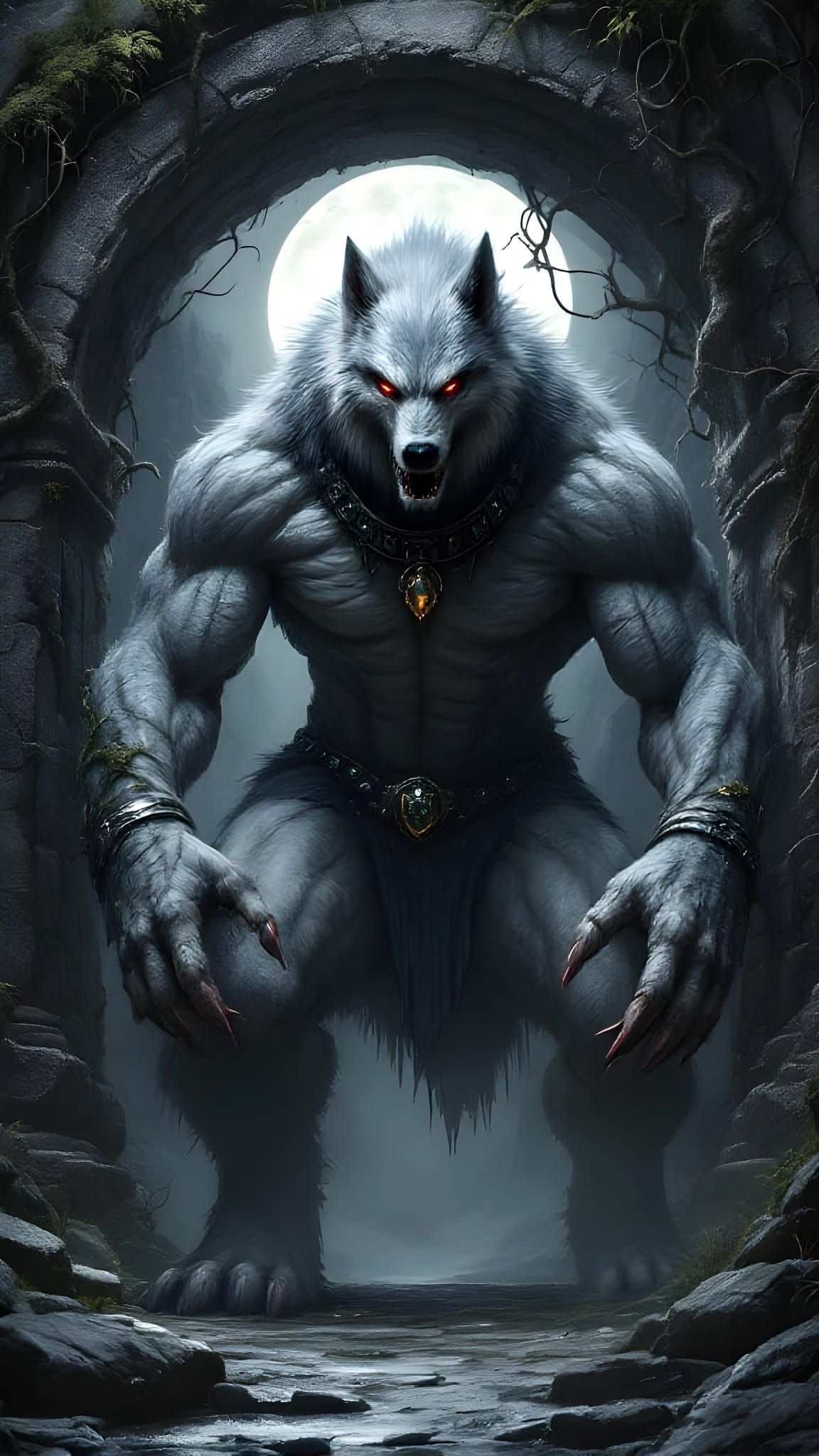 Muscular Werewolf with Glowing Eyes Before Stone Archway