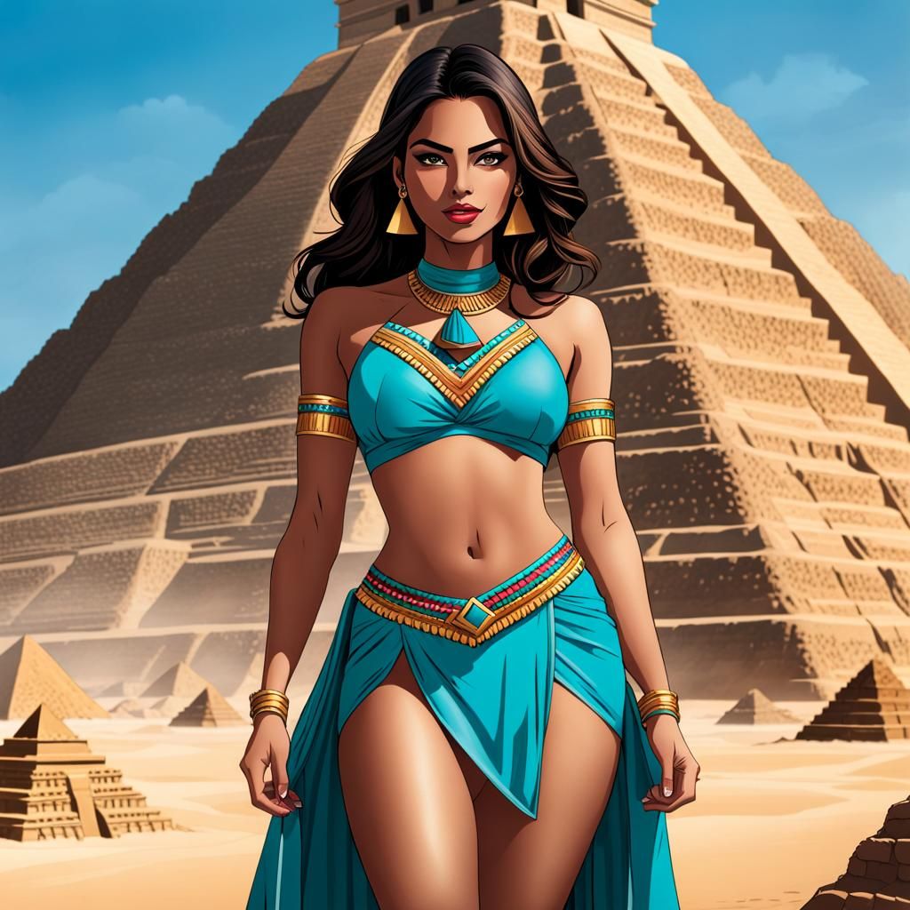 Stunning Mexican Explorer on Aztec Pyramid in Comic Style