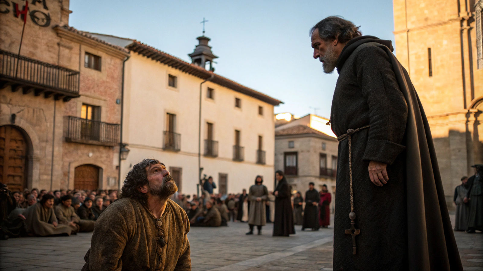 Medieval Inquisitor Extracts Confession in Dramatic Lighting
