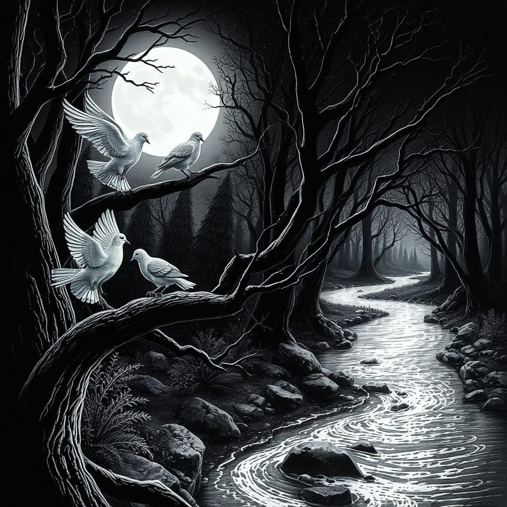 Serene Doves Amidst Mystical Forest Under a Full Moon