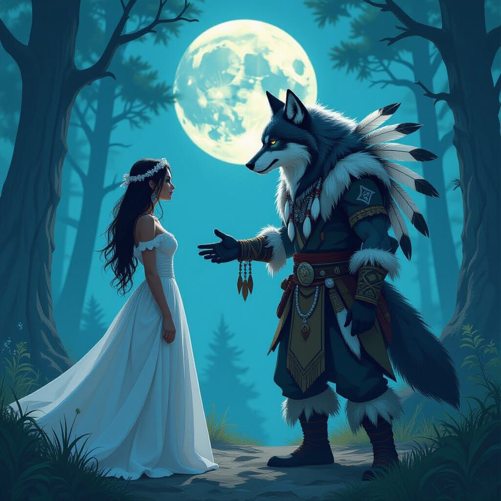 Mystical Forest: Wolf-Kin Chieftain Warns Bride Under Moon