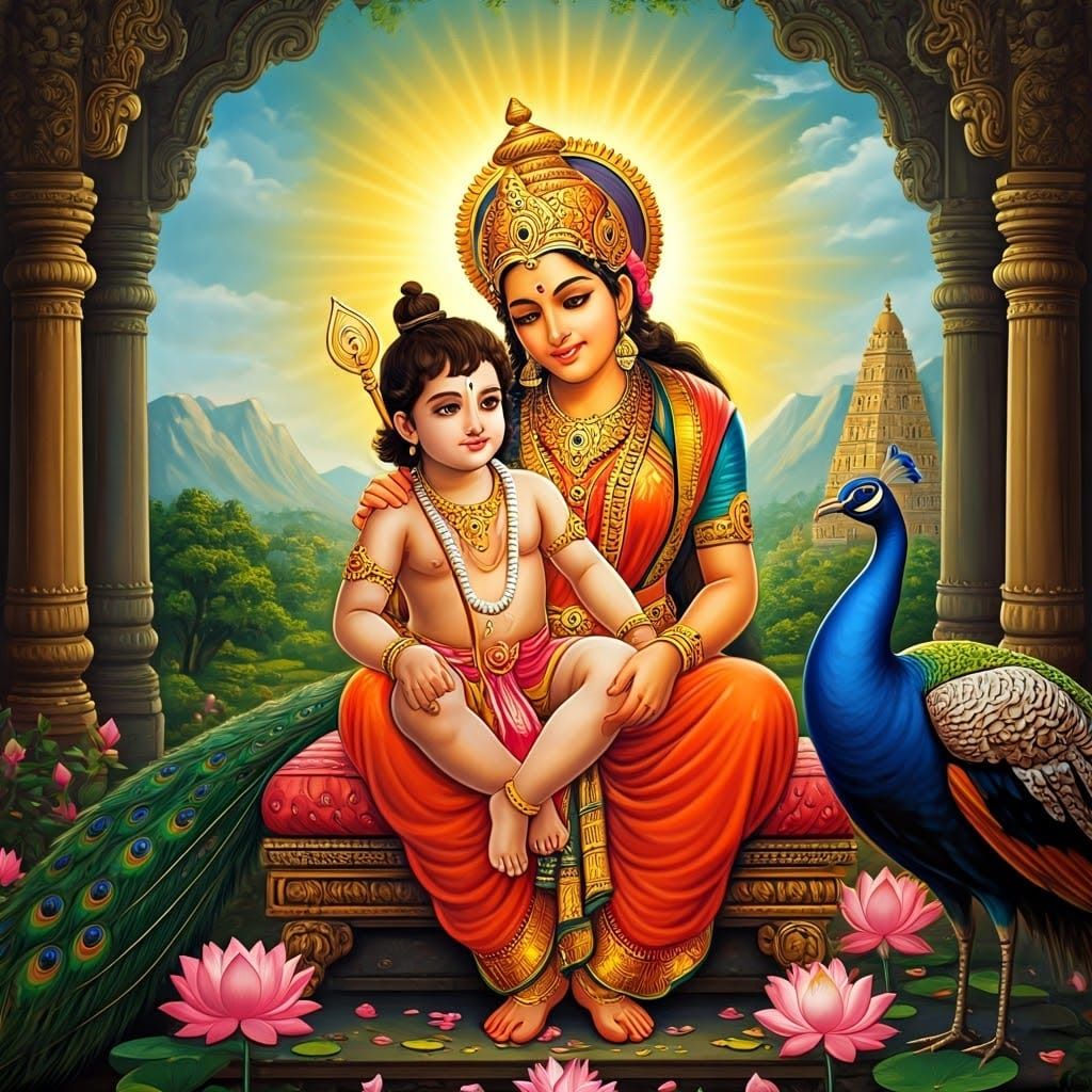 Divine Mother and Son in Tamil Temple Glory