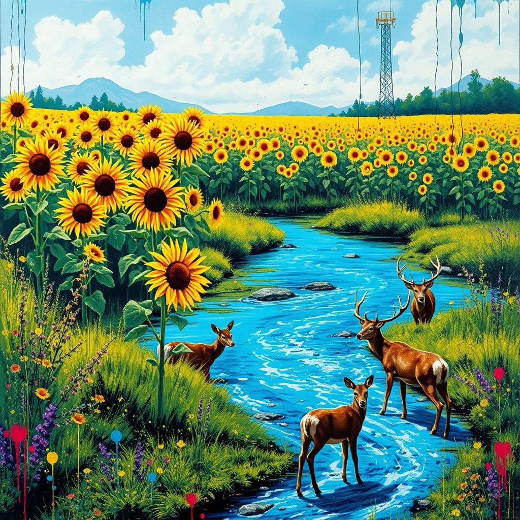 Sunflower Field with Deer in Graffiti Splash Art