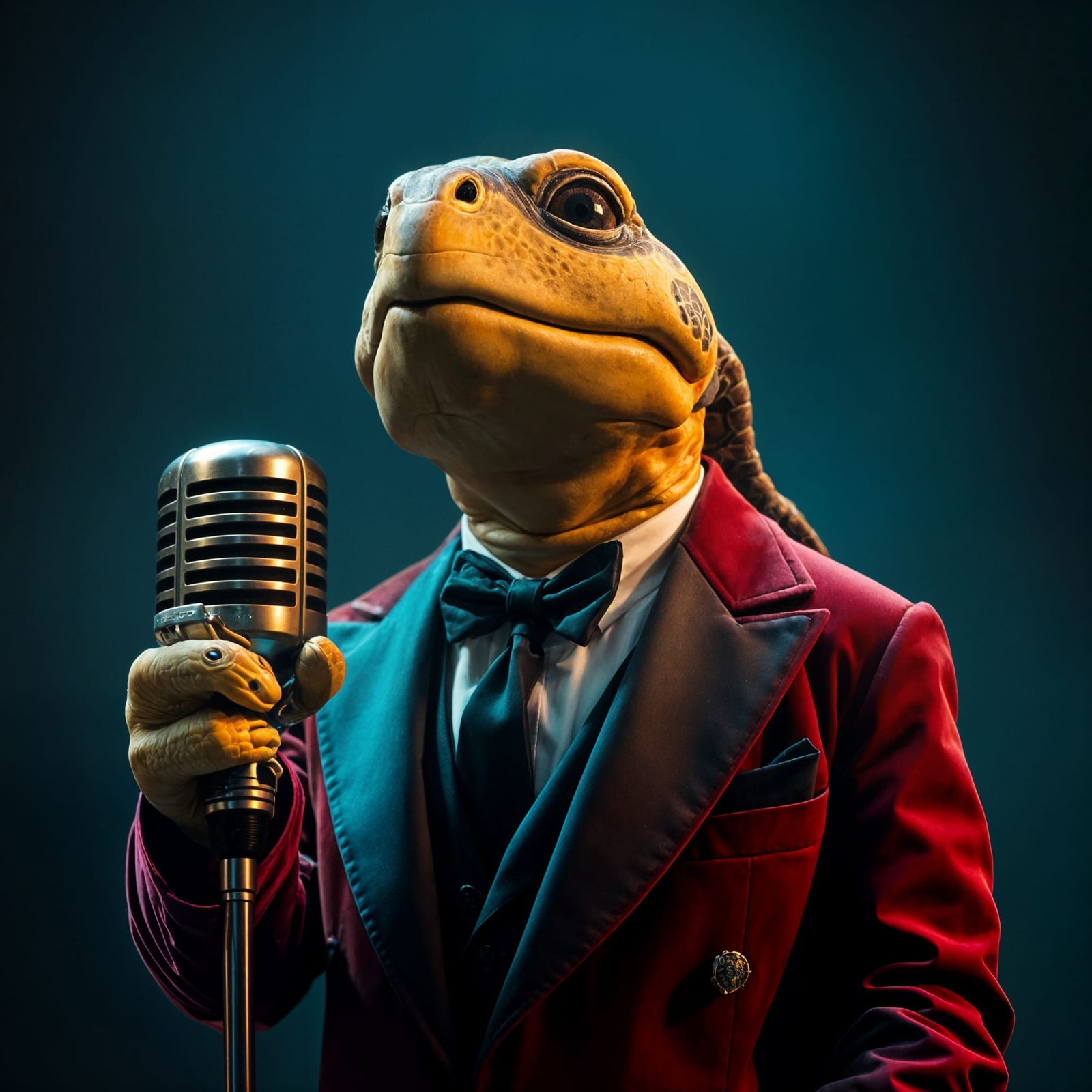 Turtle Singer in Formal Attire with Microphone