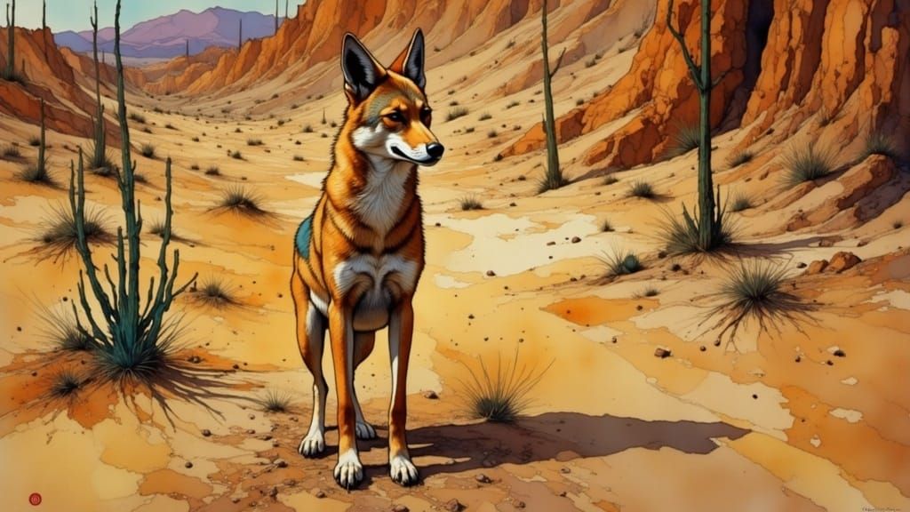 Dreamlike Coyote in Iridescent Desert Landscape