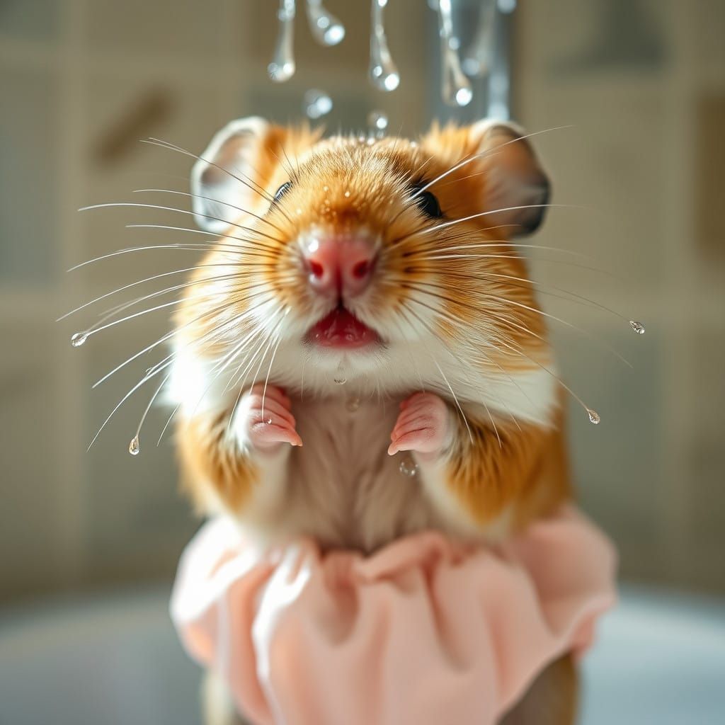 Whimsical Hamster in Pastel Diaper Takes a Refreshing Shower...