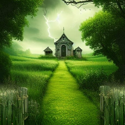 Green Door in Thunderstorm: Digital Matte Painting