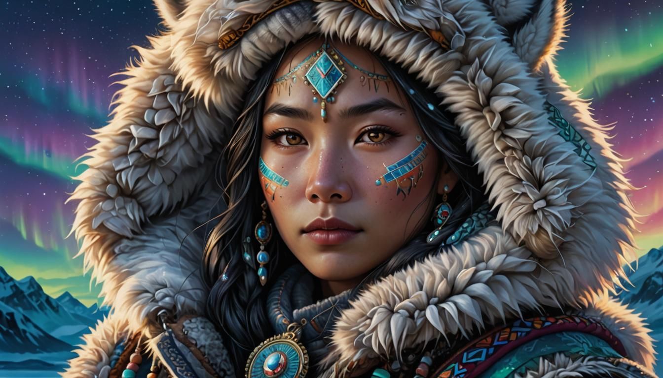 Hyperrealistic Inuit Princess in Northern Lights