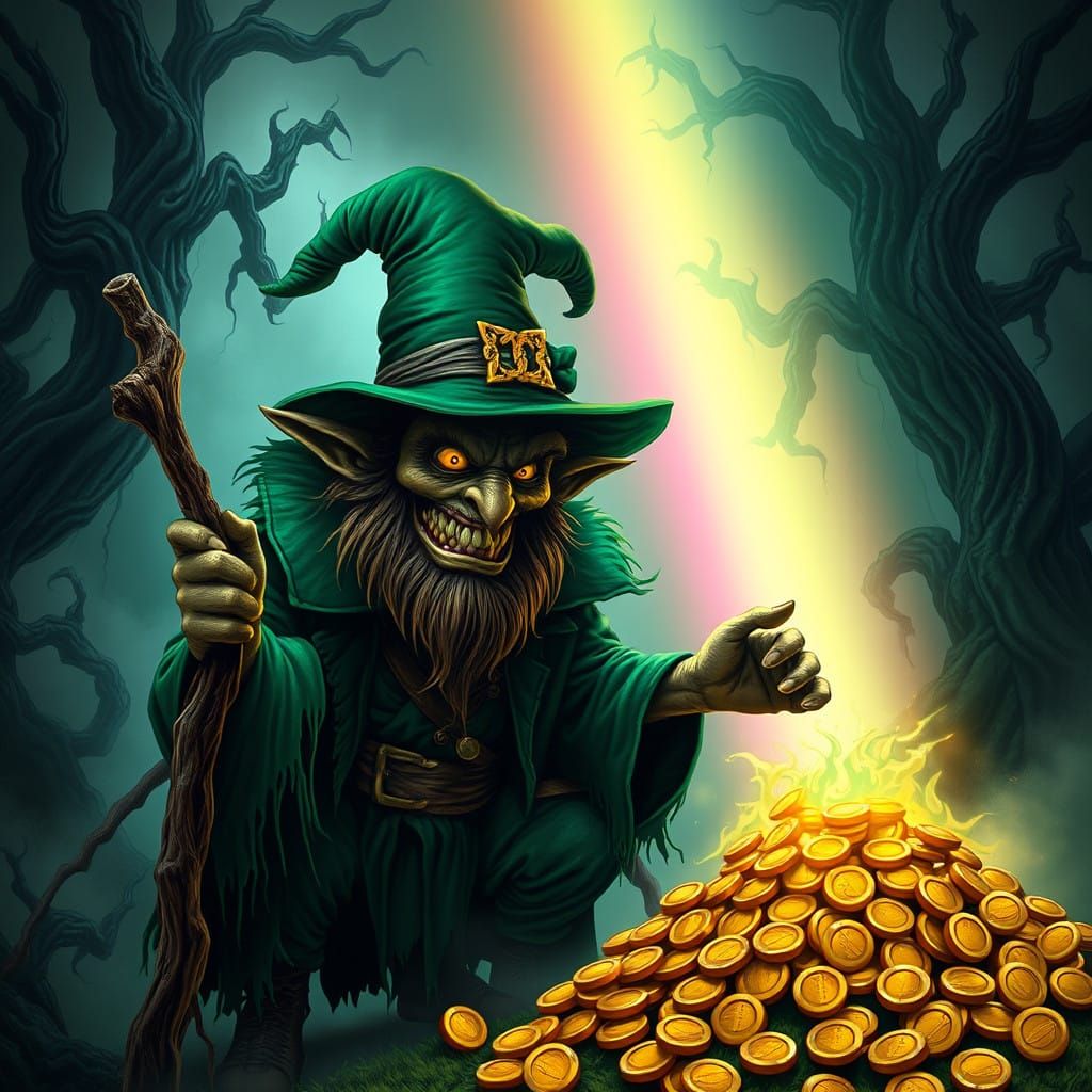 An evil leprechaun guarding his gold at the end of a rainbow sinister eldritch celtic