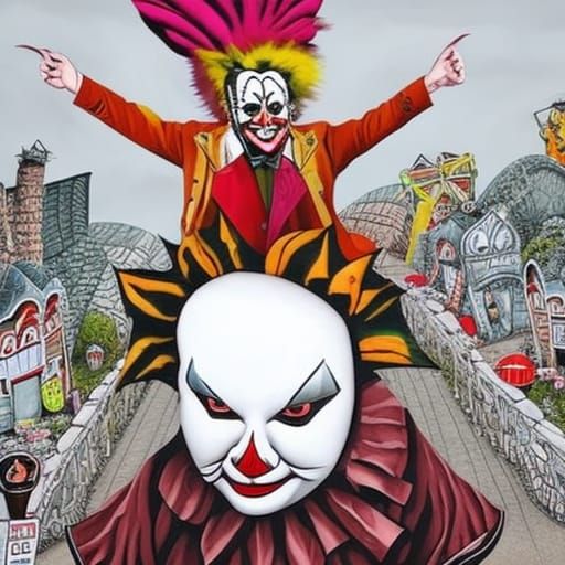 Grotesque Clown Rides Giant Bunny Through Abandoned City