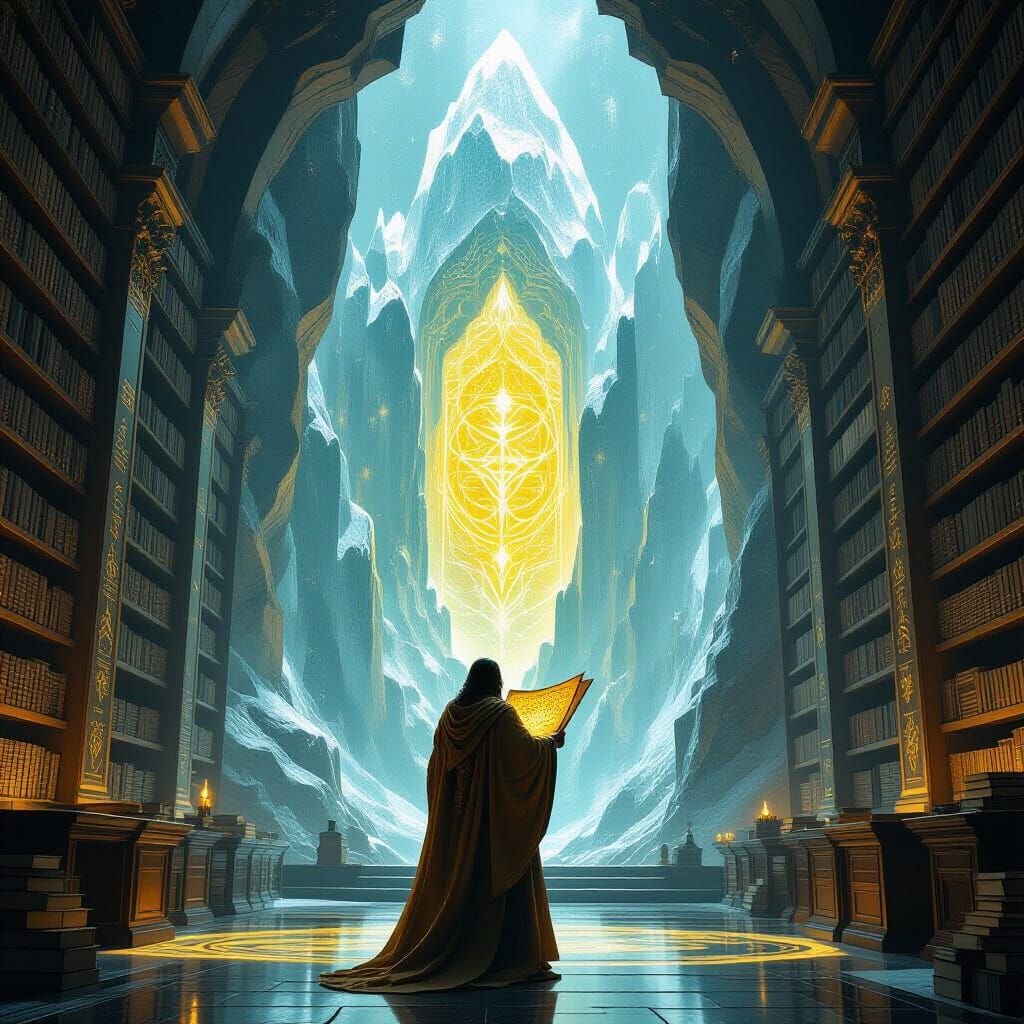 Scholar in Colossal Crystal Library with Glowing Runes