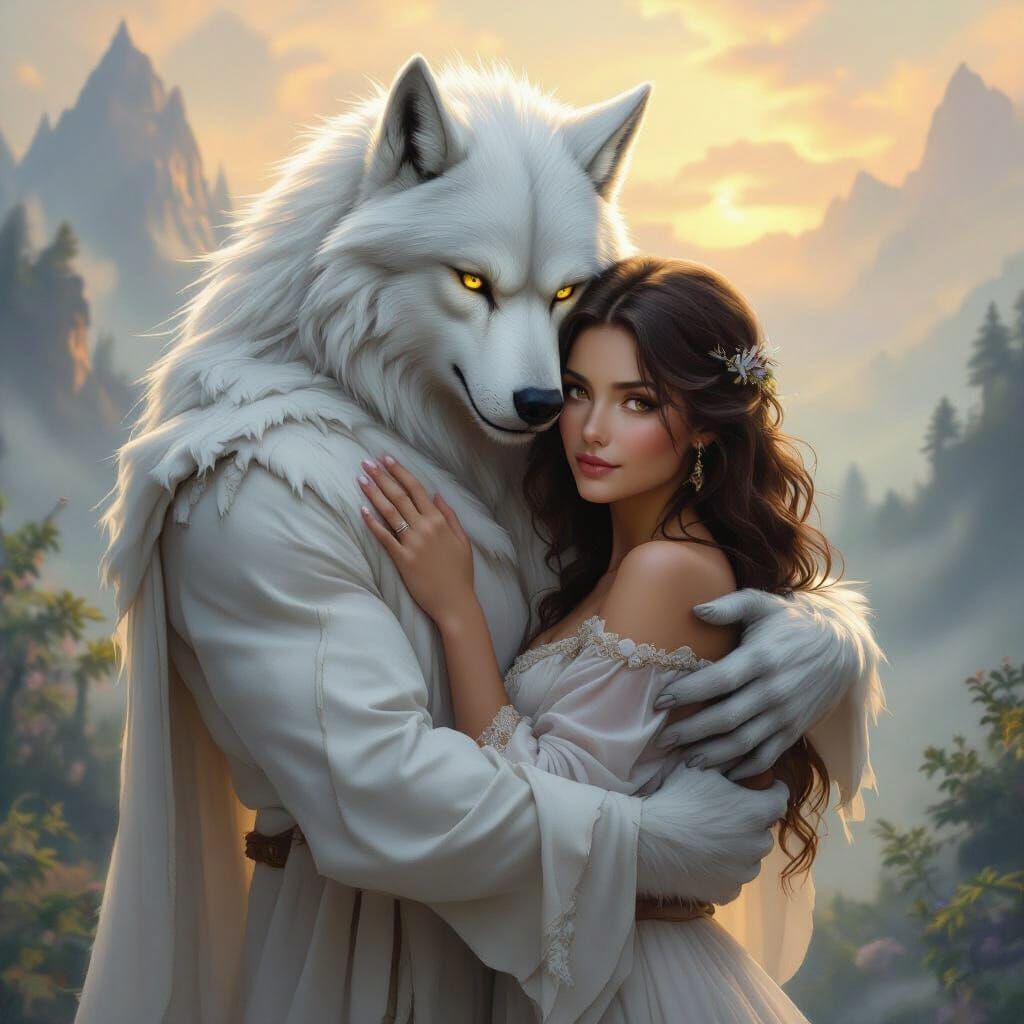 Werewolf Cradles Human Woman in Ethereal Landscape