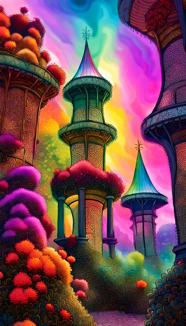 Psychedelic Vista of Lacy Towers and Rainbow Flowers