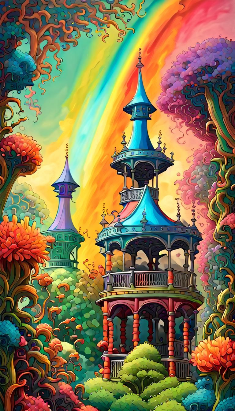 Psychedelic Rainbow Garden: Unearthly Towers in Digital Art