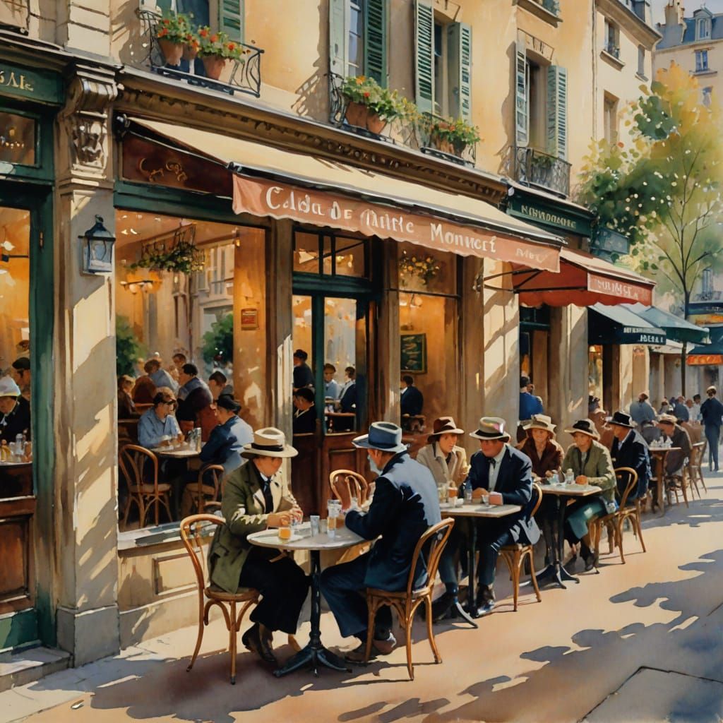 French Café Scene in Paris as Watercolour Painting